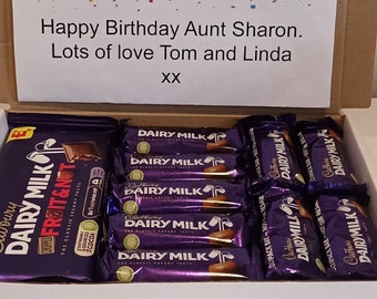 Personalised Dairy Milk Chocolate Hamper Box. Birthday Gift Christmas Present Confectionary Selection Treat. Multiple Surprise Party Box.