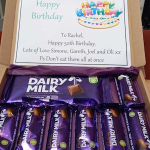 Personalised Dairy Milk Chocolate Hamper Box. Birthday Gift Christmas Present Confectionary Selection Treat. Multiple Surprise Party Box. Standard