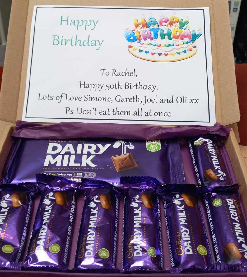 Personalised Dairy Milk Chocolate Hamper Box. Birthday Gift Christmas Present Confectionary Selection Treat. Multiple Surprise Party Box. Standard