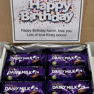 Personalised Dairy Milk Chocolate Hamper Box. Birthday Gift Christmas Present Confectionary Selection Treat. Multiple Surprise Party Box. Small