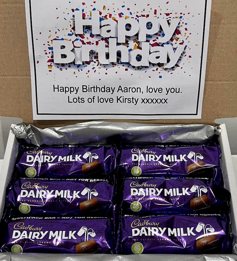 Personalised Dairy Milk Chocolate Hamper Box. Birthday Gift Christmas Present Confectionary Selection Treat. Multiple Surprise Party Box. Small