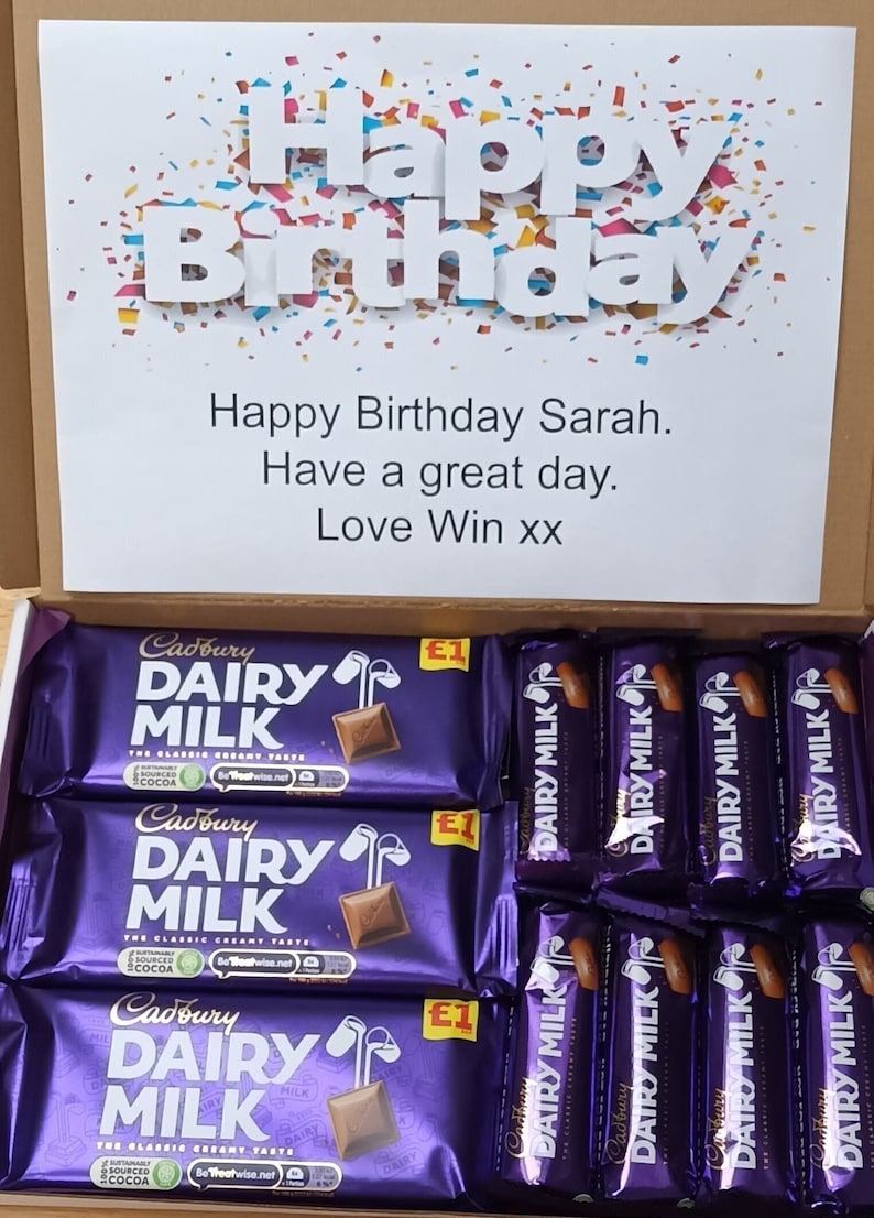 Personalised Dairy Milk Chocolate Hamper Box. Birthday Gift Christmas Present Confectionary Selection Treat. Multiple Surprise Party Box. Mega