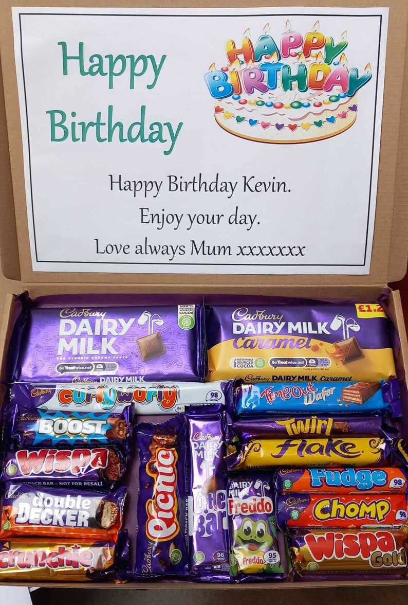 Barra de chocolate Cadbury personalizada, caja de regalo dulce, selección de cestas, confitería, cumpleaños, día de San Valentín, ramo, regalo, fiesta sorpresa imagen 1