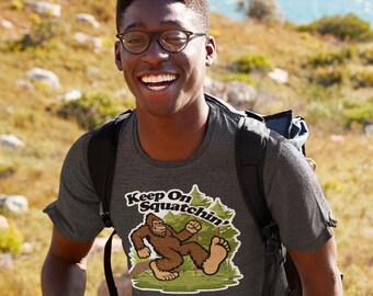 Colorful Bigfoot "Keep On Sqatchin'" T-Shirt, Sasquatch Tee Shirt, Unisex Heavy Cotton Top, Custom Graphic Design, Gift for Cryptid Lovers