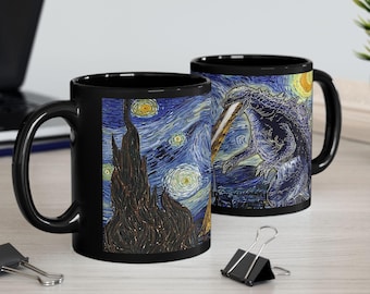 Godzilla, King Of The Monsters, Starry Night, Vincent Van Gogh, Gojira, Funny Graphic 11oz Coffee Mug