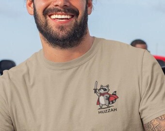 Huzzah Racoon Knight Embroidered Unisex Garment-Dyed T-shirt, Embroidered Design on Left side of Chest.
