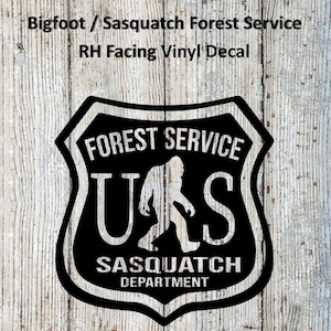 Bigfoot Sasquatch Decal – Forest Service Patch Sticker – Cryptid Vinyl Car Window or Laptop Sticker Right Hand Facing