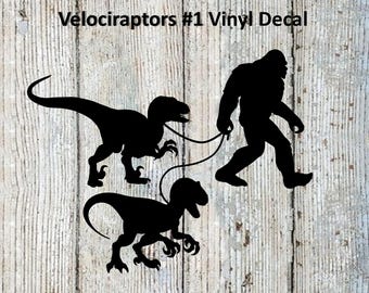 Bigfoot / Sasquatch Walking His Velociraptors #1 Vinyl Decal