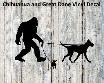 Bigfoot/Sasquatch Walking his Chihuahua and Great Dane Vinyl Decal