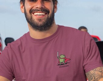 Huzzah Frog Knight Embroidered Unisex Garment-Dyed T-shirt. Embroidered Design on LH Chest.