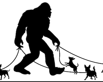 Bigfoot/Sasquatch Walking his 4 Chihuahuas Vinyl Decal