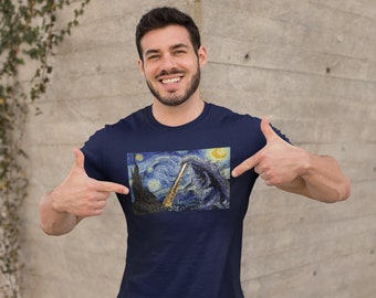 Godzilla-Starry Night T-Shirt – Funny King of the Monsters Graphic Tee - T-Shirt for Godzilla and Van Gogh Lovers - Funny Pop Culture Tee