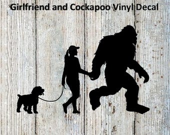 Bigfoot/Sasquatch Walking with His Girlfriend and Cockapoo Vinyl Decal