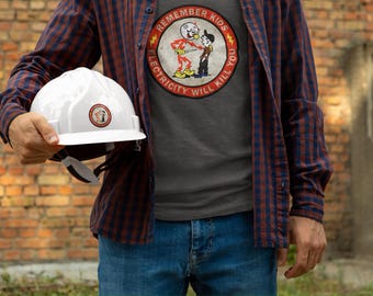 Funny Electrician T-Shirt, Reddy Kilowatt, "Remember Kids: Electricity Will Kill You" Retro Graphic Tee, Sarcastic Gift for Electricians