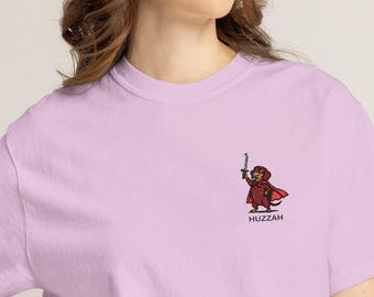 Huzzah Dachshund Knight Embroidered Unisex Garment-Dyed T-shirt, Embroidered Design on Left side of Chest.