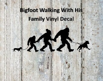 Bigfoot Family Walking Their Dachshund and Labrabull Dogs Vinyl Decal
