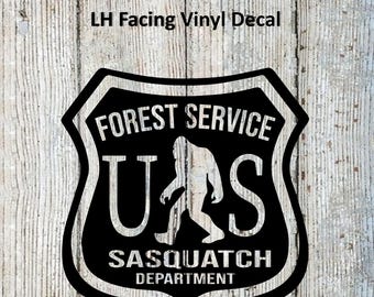 Bigfoot Sasquatch Decal – Forest Service Patch Sticker – Cryptid Vinyl Car Window or Laptop Sticker Left Hand Facing