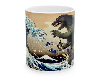 Godzilla, The Great Wave off Kanagawa, King Of The Monsters, Godzilla Kanagawa Art Gojira, Funny Graphic 11oz Coffee Mug