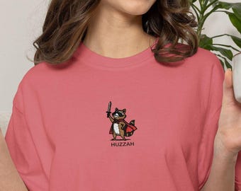 Huzzah Racoon Knight Embroidered Unisex Garment-Dyed T-shirt, Embroidered Design on Center Chest.