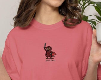 Huzzah Dachshund Knight Embroidered Unisex Garment-Dyed T-shirt, Embroidered Design on Center of Chest.