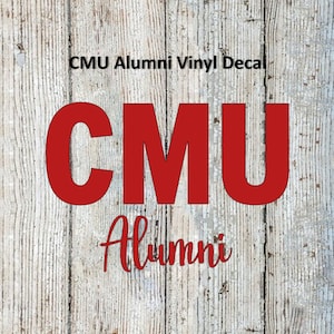 May include: Red vinyl decal with the text "CMU Alumni" on a woodgrain background.