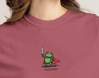 Huzzah Frog Knight Embroidered Unisex Garment-Dyed T-shirt, Embroidered Design on Center Chest.