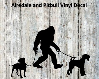 Bigfoot/Sasquatch Walking His Airedale and Pitbull Vinyl Decal