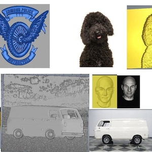 May include: A collage of images showing different examples of 3D modeling and printing. The images include a motorcycle logo, a dog, a van, and a cartoon character. The images are shown in both 2D and 3D, with the 3D images showing the objects in a more realistic way.