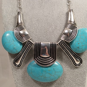 Faux Turquoise Silver Tone Necklace Signed