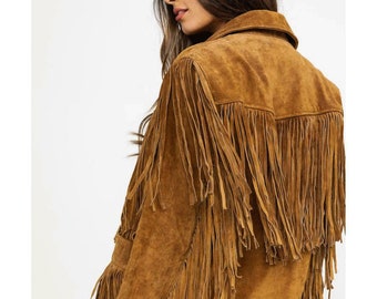 Women's Vintage Fringe Leather Jacket Brown Suede Leather - Etsy