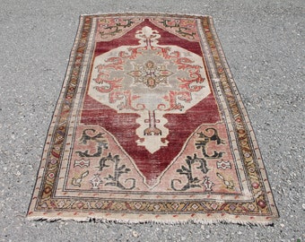 Pink Turkish Rug, 4.1 x 7.2 ft, Vintage Wool Tribal Rug