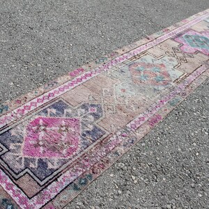 Purple Rug Runner, 2.4 x 12.7 ft Rug, Wool Handmade Rug, Distressed Anatolian Runner, Southwestern Rug, Old Handmade Rug, Hallway Runner