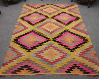 Boho Kilim Rug, Colorful Tribal Wool Area Rug (5.6 x 8.8 ft)
