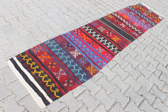 Striped Kilim Hallway Runner, Colorful Turkish Rug (2.2 x 10.3 ft)