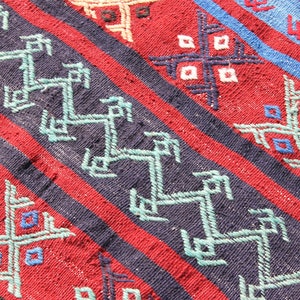 Pu&ograve; includere: Primo piano di un tappeto tessuto colorato con motivi geometrici in tonalit&agrave; di rosso, blu e verde. Il tappeto ha un design tradizionale ed &egrave; realizzato in fibre naturali.
