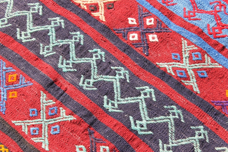 Pu&ograve; includere: Primo piano di un tappeto tessuto colorato con motivi geometrici in tonalit&agrave; di rosso, blu e verde. Il tappeto ha un design tradizionale ed &egrave; realizzato in fibre naturali.