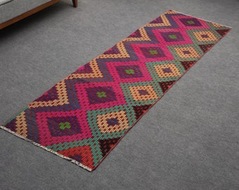 Colorful Boho Kilim Runner Rug, Handmade Wool (2.4 x 8.0 ft)