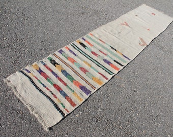 Vintage Wool Kilim Runner Rug, Handmade Turkish Tribal Design (2.2 x 9.5 ft)