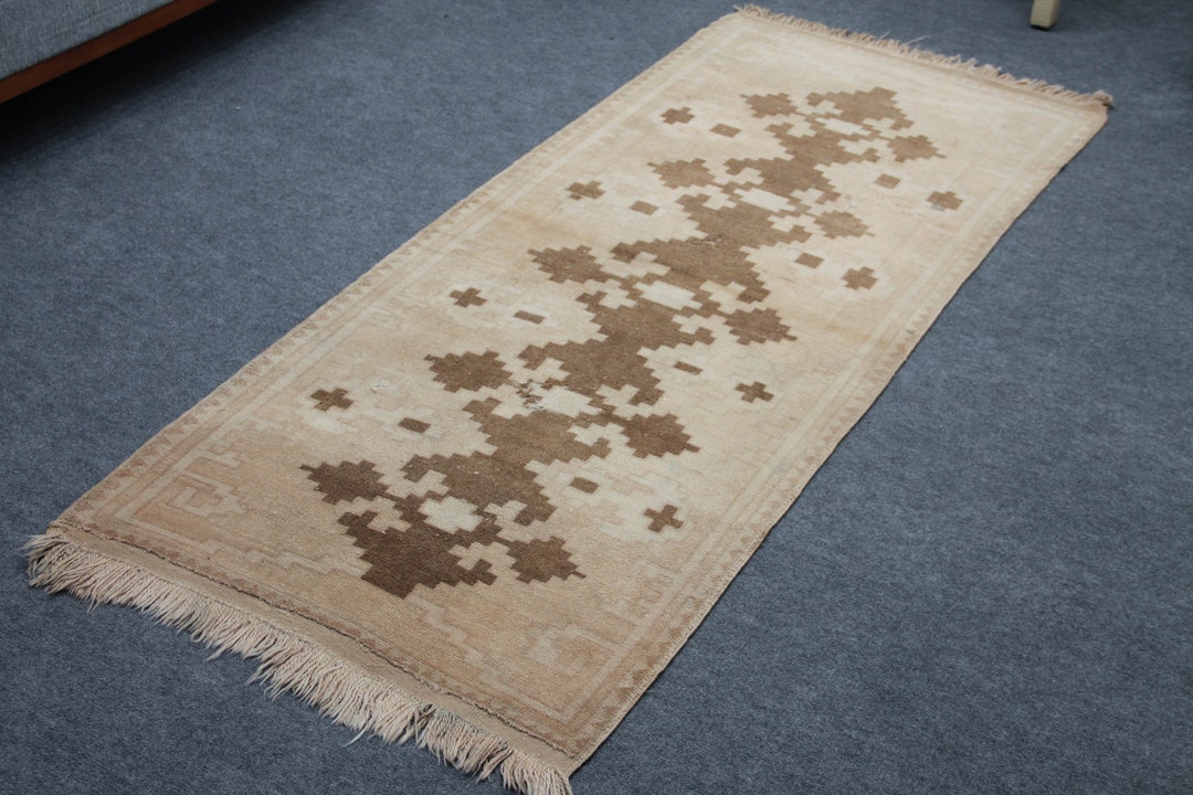 Pastel Turkish Runner, 3.2 X 7.4 Ft Rug, Handmade Rug, Beige and Brown ...