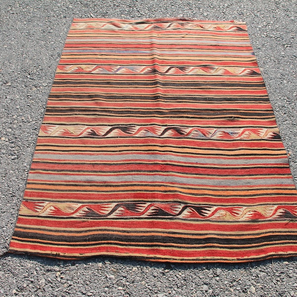 Vintage Turkish Kilim, 3.7 x 5.2 ft Rug, Red And Black Rug, Striped Kilim, Boho Area Rug, Rustic Kilim, Rug For Living Room, Anatolian Kilim