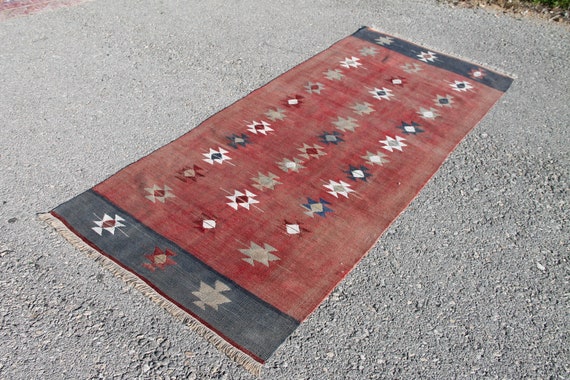 Red Vintage Kilim Runner Rug, Turkish Tribal Design (3.0 x 6.8 ft)