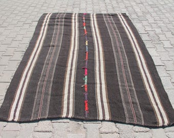 Vintage Turkish Kilim Rug, Black Striped Wool, 5.5x8.0 ft