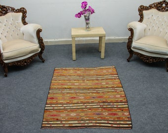 Striped Vintage Turkish Kilim Rug, Handmade Wool, 3.2 x 4.0 ft