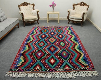 Bohemian Turkish Kilim Rug, Colorful Wool Area Rug (5.4 x 9.8 ft)