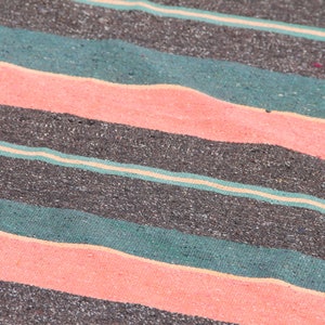 May include: Close-up of a striped fabric with alternating bands of dark gray, teal green, and light pink. The fabric has a textured, woven appearance.
