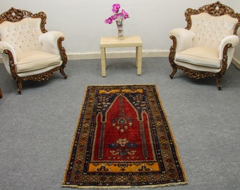 Alfombra turca vintage de lana, 90 x 158 cm, roja y azul