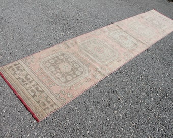 Handmade Wool Turkish Runner Rug, Muted Pink, Bohemian Hallway Rug (2.3 x 11.3 ft)