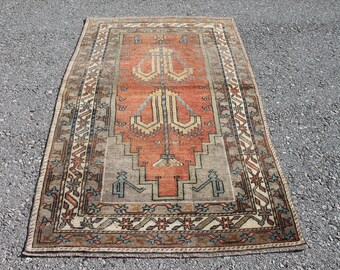 Vintage Türkischer Oushak Teppich, Rotbrauner Wollteppich (100 x 200 cm)