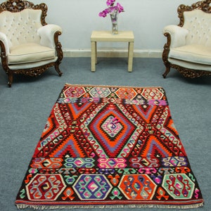 Vintage Boho Teppich, Türkischer Kelim Teppich, Handgeknüpfter Kelim Teppich, Handgeknüpfter Kelim Teppich