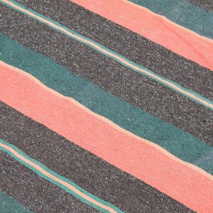 May include: A close-up of a striped fabric with alternating bands of black, teal green, and coral pink.